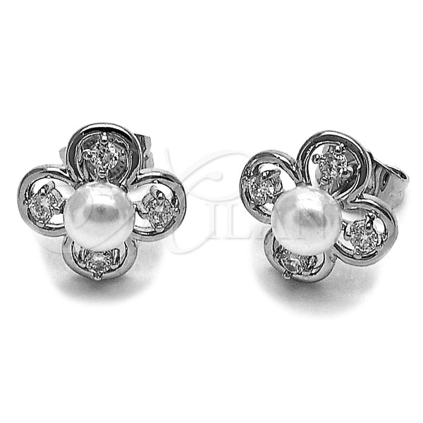 Rhodium Gold Filled Stud Earring, Four-leaf Clover Design, with Ivory Pearl and White Cubic Zirconia, Polished, Golden Finish, 02.344.0195