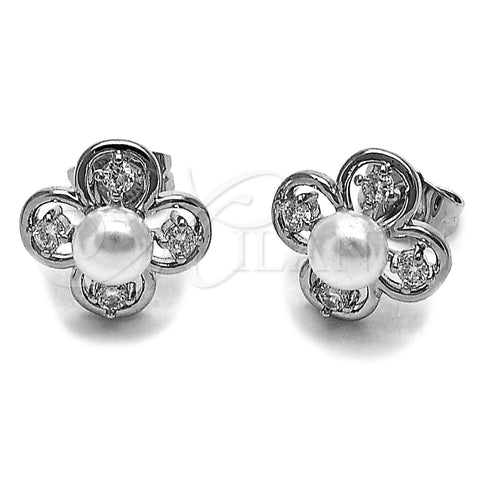 Rhodium Gold Filled Stud Earring, Four-leaf Clover Design, with Ivory Pearl and White Cubic Zirconia, Polished, Golden Finish, 02.344.0195