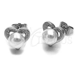 Rhodium Gold Filled Stud Earring, Heart Design, with White Micro Pave and Ivory Pearl, Polished, Rhodium Finish, 02.344.0001.1