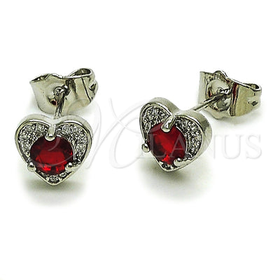 Rhodium Gold Filled Stud Earring, Heart Design, with Garnet Cubic Zirconia and White Micro Pave, Polished, Rhodium Finish, 02.344.0196