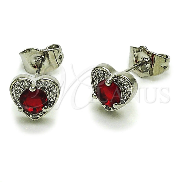 Rhodium Gold Filled Stud Earring, Heart Design, with Garnet Cubic Zirconia and White Micro Pave, Polished, Rhodium Finish, 02.344.0196