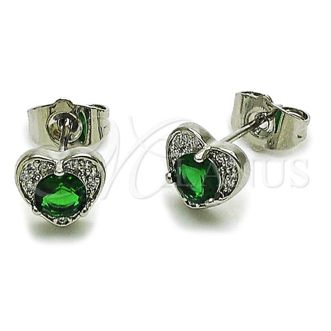 Rhodium Gold Filled Stud Earring, Heart Design, with Green Cubic Zirconia and White Micro Pave, Polished, Rhodium Finish, 02.344.0196.2