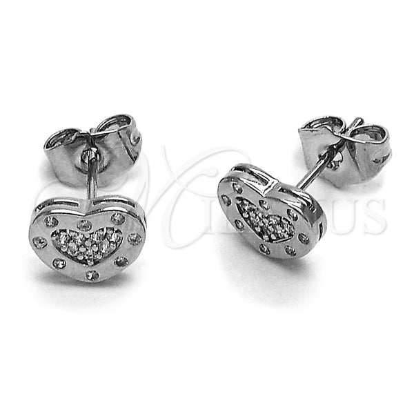 Rhodium Gold Filled Stud Earring, Heart Design, with White Micro Pave and White Cubic Zirconia, Polished, Rhodium Finish, 02.344.0118.2