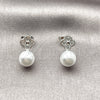Rhodium Gold Filled Stud Earring, Four-leaf Clover and Ball Design, with White Cubic Zirconia and Ivory Pearl, Polished, Rhodium Finish, 02.344.0198