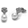 Rhodium Gold Filled Stud Earring, Four-leaf Clover and Ball Design, with White Cubic Zirconia and Ivory Pearl, Polished, Rhodium Finish, 02.344.0198