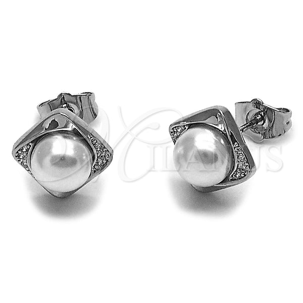 Rhodium Gold Filled Stud Earring, with Ivory Pearl and White Micro Pave, Polished, Rhodium Finish, 02.344.0199
