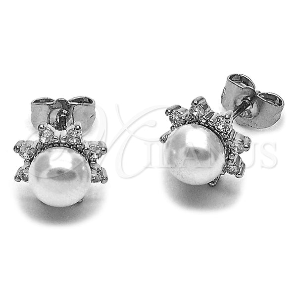 Rhodium Gold Filled Stud Earring, Flower Design, with Ivory Pearl and White Cubic Zirconia, Polished, Rhodium Finish, 02.344.0200