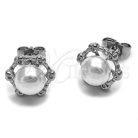 Rhodium Gold Filled Stud Earring, Cluster Design, with Ivory Pearl and White Cubic Zirconia, Polished, Rhodium Finish, 02.344.0201