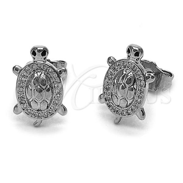 Rhodium Gold Filled Stud Earring, Turtle Design, with White and Black Micro Pave, Polished, Rhodium Finish, 02.344.0204