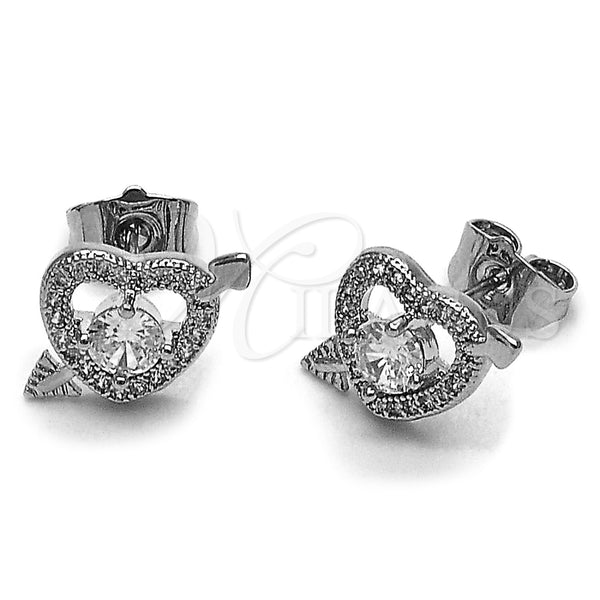 Rhodium Gold Filled Stud Earring, Heart and Arrow Design, with White Cubic Zirconia and White Micro Pave, Polished, Rhodium Finish, 02.344.0208