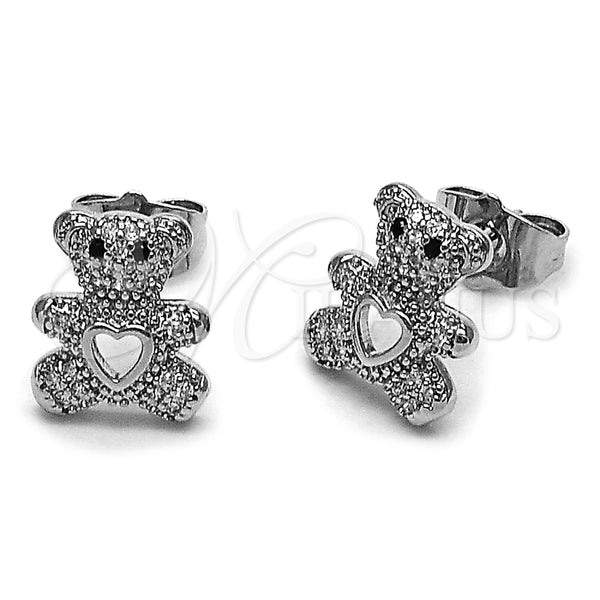 Rhodium Gold Filled Stud Earring, Teddy Bear and Heart Design, with White and Black Micro Pave, Polished, Rhodium Finish, 02.342.0197.1