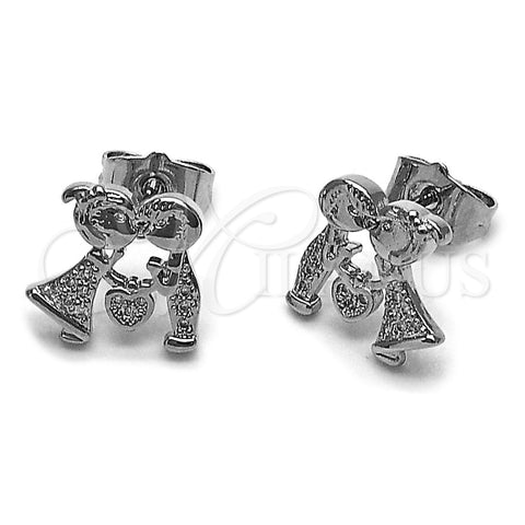 Rhodium Gold Filled Stud Earring, Love and Little Girl Design, with White Micro Pave, Polished, Rhodium Finish, 02.344.0215