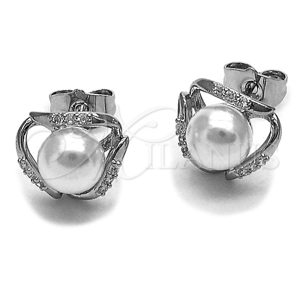Rhodium Gold Filled Stud Earring, Cluster Design, with Ivory Pearl and White Cubic Zirconia, Polished, Rhodium Finish, 02.344.0217