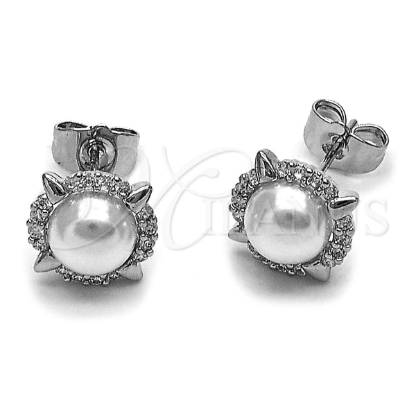 Rhodium Gold Filled Stud Earring, Cluster Design, with Ivory Pearl and White Cubic Zirconia, Polished, Rhodium Finish, 02.344.0218