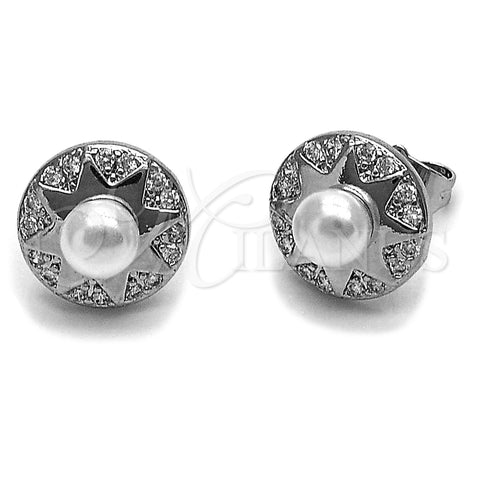 Rhodium Gold Filled Stud Earring, Star Design, with Ivory Pearl and White Micro Pave, Polished, Rhodium Finish, 02.344.0219