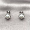 Rhodium Gold Filled Stud Earring, Flower and Leaf Design, with Ivory Pearl and White Micro Pave, Polished, Rhodium Finish, 02.344.0222