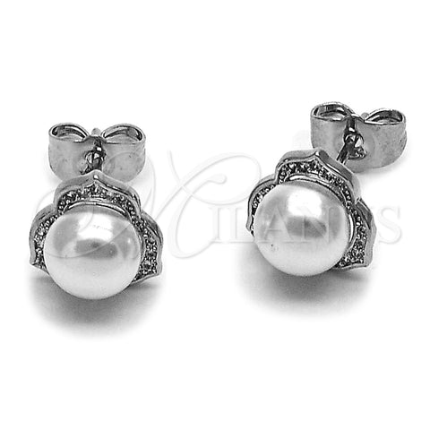 Rhodium Gold Filled Stud Earring, Flower and Leaf Design, with Ivory Pearl and White Micro Pave, Polished, Rhodium Finish, 02.344.0222