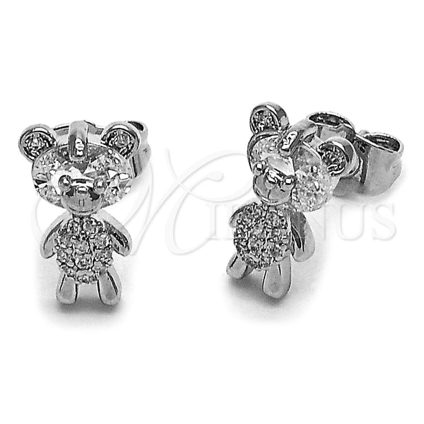 Rhodium Gold Filled Stud Earring, Teddy Bear Design, with White Cubic Zirconia and White Micro Pave, Polished, Rhodium Finish, 02.344.0227