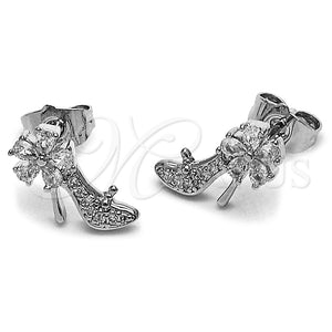 Rhodium Gold Filled Stud Earring, Shoes and Flower Design, with White Cubic Zirconia and White Micro Pave, Polished, Rhodium Finish, 02.344.0228