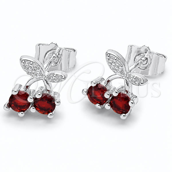 Rhodium Gold Filled Stud Earring, Cherry Design, with Garnet Cubic Zirconia and White Micro Pave, Polished, Rhodium Finish, 02.344.0232