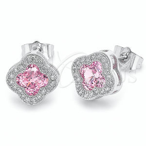 Rhodium Gold Filled Stud Earring, Four-leaf Clover Design, with Pink Cubic Zirconia and White Micro Pave, Polished, Rhodium Finish, 02.283.0151.2