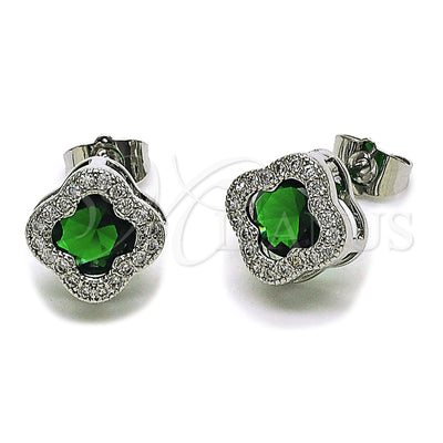 Rhodium Gold Filled Stud Earring, Four-leaf Clover Design, with Green Cubic Zirconia and White Micro Pave, Polished, Rhodium Finish, 02.283.0151.5