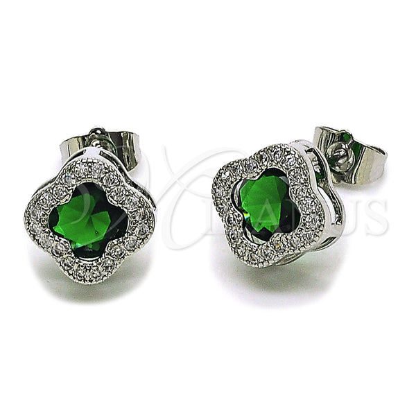 Rhodium Gold Filled Stud Earring, Four-leaf Clover Design, with Green Cubic Zirconia and White Micro Pave, Polished, Rhodium Finish, 02.283.0151.5