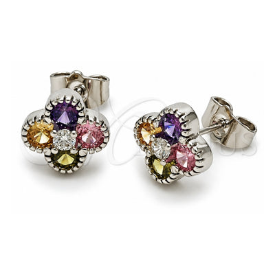 White Gold Filled Stud Earring, Four-leaf Clover and Floral Design, with Multicolor Cubic Zirconia, Polished, Rhodium Finish, 02.344.0234