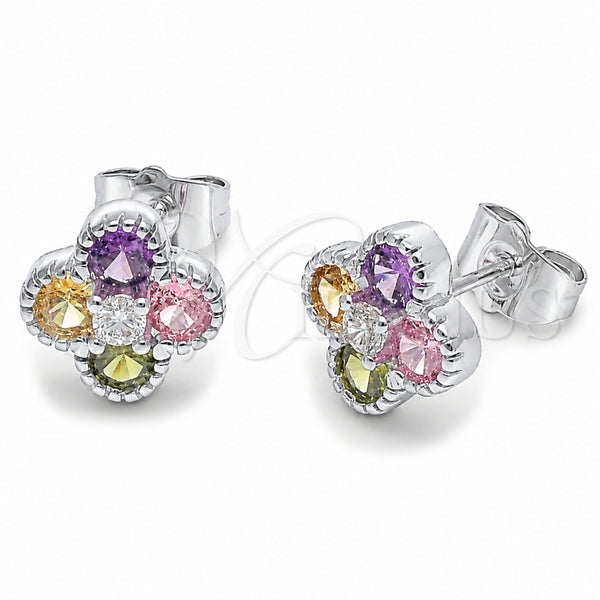 Rhodium Gold Filled Stud Earring, Four-leaf Clover Design, with Multicolor Cubic Zirconia, Polished, Rhodium Finish, 02.344.0234