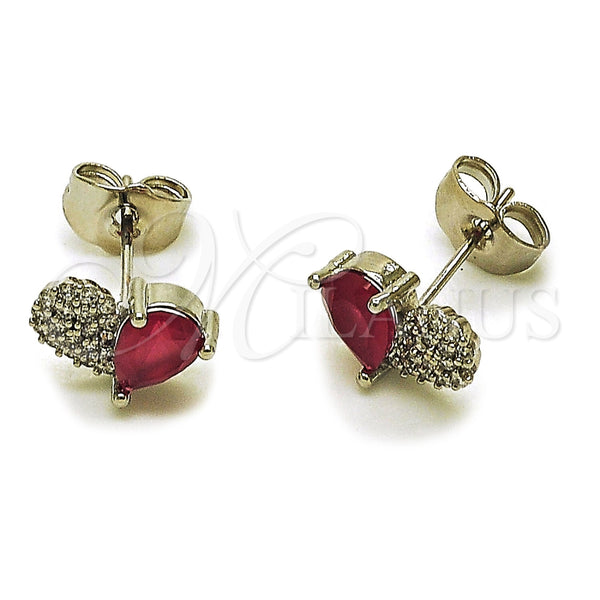 Rhodium Gold Filled Stud Earring, Heart and Teardrop Design, with Ruby Cubic Zirconia and White Micro Pave, Polished, Rhodium Finish, 02.260.0036