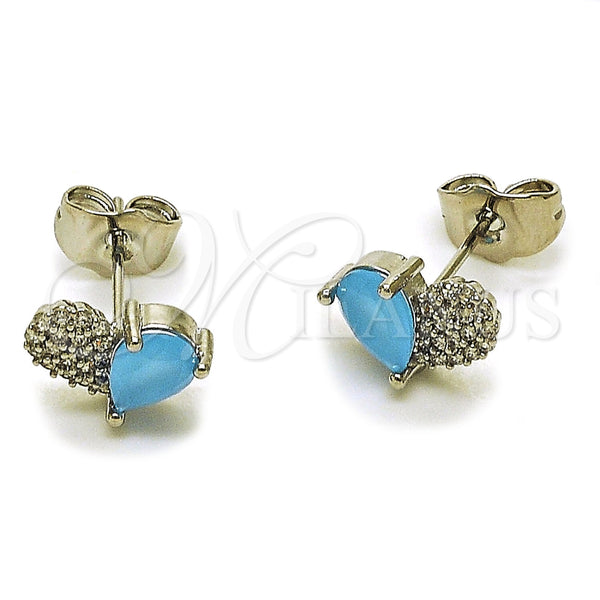 Rhodium Gold Filled Stud Earring, Heart and Teardrop Design, with Light Turquoise Cubic Zirconia and White Micro Pave, Polished, Rhodium Finish, 02.260.0036.1