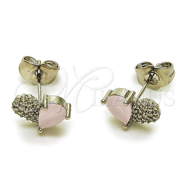 Rhodium Gold Filled Stud Earring, Heart and Teardrop Design, with Rose Water Opal Cubic Zirconia and White Micro Pave, Polished, Rhodium Finish, 02.260.0036.2