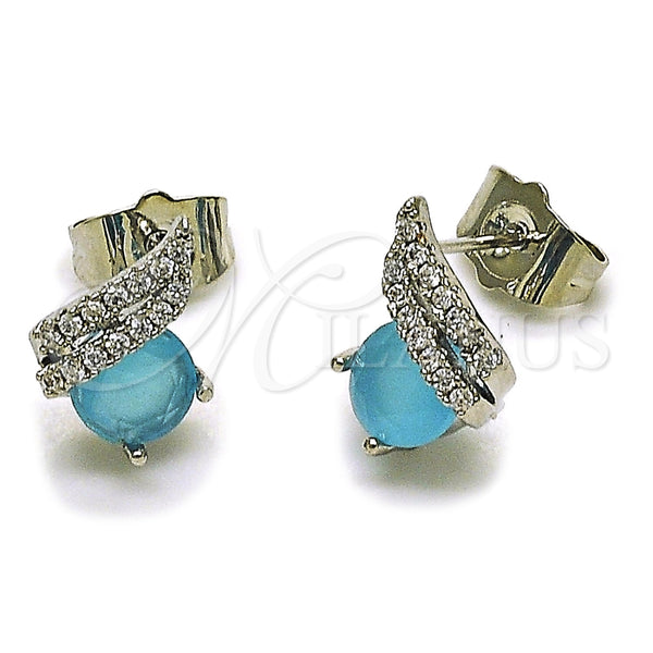 Rhodium Gold Filled Stud Earring, with Light Turquoise Cubic Zirconia and White Micro Pave, Polished, Rhodium Finish, 02.260.0037