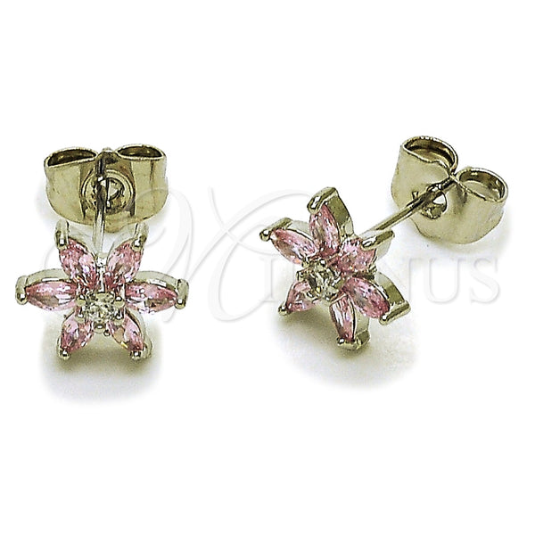 Rhodium Gold Filled Stud Earring, Flower Design, with Pink and White Cubic Zirconia, Polished, Rhodium Finish, 02.260.0038