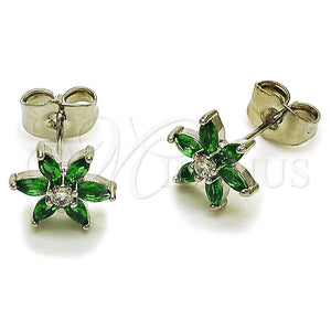 Rhodium Gold Filled Stud Earring, Flower Design, with Green and White Cubic Zirconia, Polished, Rhodium Finish, 02.260.0038.1