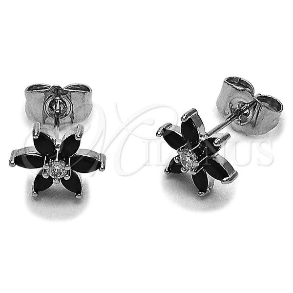 Rhodium Gold Filled Stud Earring, Flower Design, with Black and White Cubic Zirconia, Polished, Rhodium Finish, 02.260.0038.2