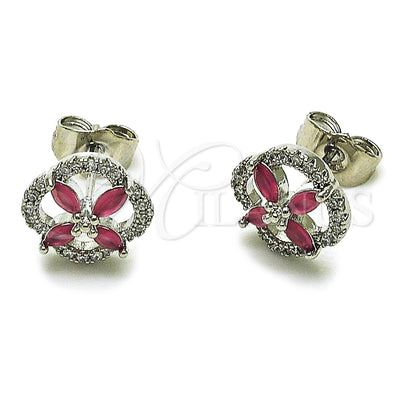Rhodium Gold Filled Stud Earring, Four-leaf Clover Design, with Ruby and White Cubic Zirconia, Polished, Rhodium Finish, 02.260.0039.1