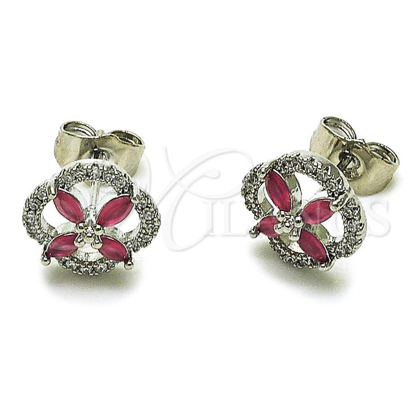 Rhodium Gold Filled Stud Earring, Four-leaf Clover Design, with Ruby and White Cubic Zirconia, Polished, Rhodium Finish, 02.260.0039.1