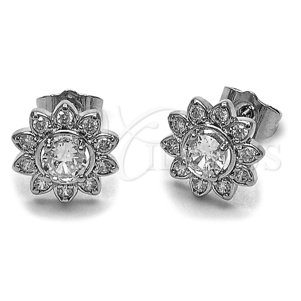 Rhodium Gold Filled Stud Earring, Flower and Cluster Design, with White Cubic Zirconia, Polished, Rhodium Finish, 02.260.0040