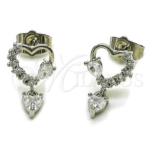 Rhodium Gold Filled Stud Earring, Heart Design, with White Cubic Zirconia, Polished, Rhodium Finish, 02.260.0043