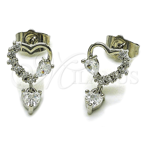 Rhodium Gold Filled Stud Earring, Heart Design, with White Cubic Zirconia, Polished, Rhodium Finish, 02.260.0043