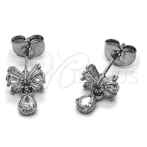 Rhodium Gold Filled Stud Earring, Bow and Baguette Design, with White Cubic Zirconia, Polished, Rhodium Finish, 02.260.0044