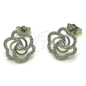 Rhodium Gold Filled Stud Earring, Flower Design, with White Cubic Zirconia, Polished, Rhodium Finish, 02.260.0045