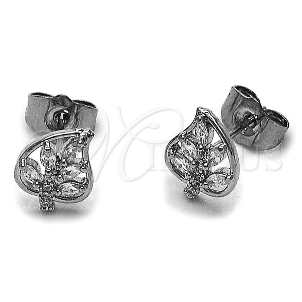 Rhodium Gold Filled Stud Earring, Leaf Design, with White Cubic Zirconia, Polished, Rhodium Finish, 02.260.0048