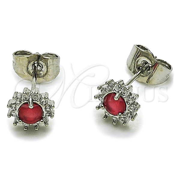 Rhodium Gold Filled Stud Earring, Cluster Design, with Ruby and White Cubic Zirconia, Polished, Rhodium Finish, 02.260.0053