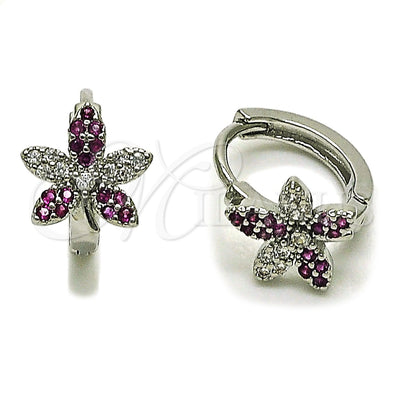 White Gold Filled Rhodium Gold Filled Huggie Hoop, Flower Design, with White and Ruby Micro Pave, Polished, Rhodium Finish for wholesale, main product view