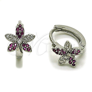 Rhodium Gold Filled Huggie Hoop, Flower Design, with White and Ruby Micro Pave, Polished, Rhodium Finish, 02.260.0055.12