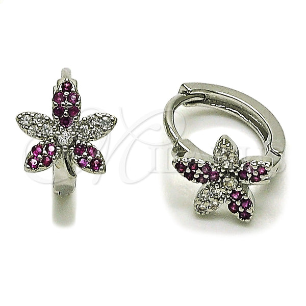 Rhodium Gold Filled Huggie Hoop, Flower Design, with White and Ruby Micro Pave, Polished, Rhodium Finish, 02.260.0055.12
