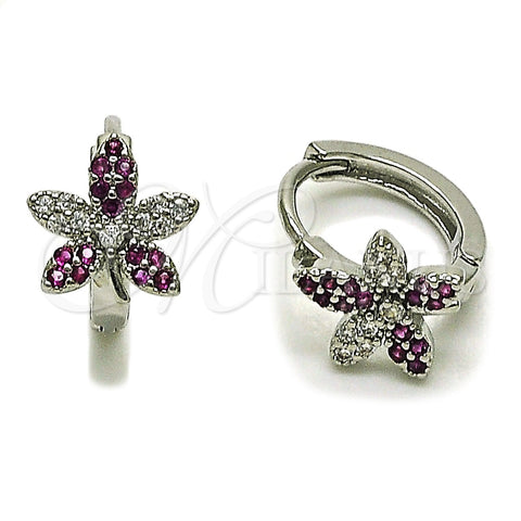 Rhodium Gold Filled Huggie Hoop, Flower Design, with White and Ruby Micro Pave, Polished, Rhodium Finish, 02.260.0055.12