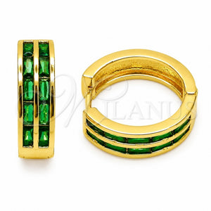 Oro Laminado Huggie Hoop, Gold Filled Style Baguette Design, with Green Cubic Zirconia, Polished, Golden Finish, 02.267.0094.2.20